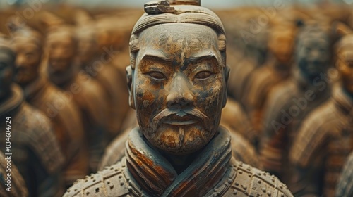 Close-up of a Terracotta Warrior statue among many in Xi an  China  showcasing ancient Chinese craftsmanship and historical significance.