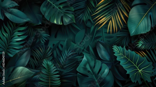 Dark green background with tropical leaf texture foliage