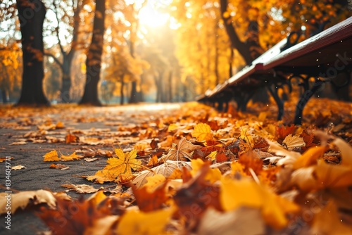 Beautiful yellow red and orange leaves in an autumn park, an Autumn background with falling leaf's in a red and orange color, AI generated