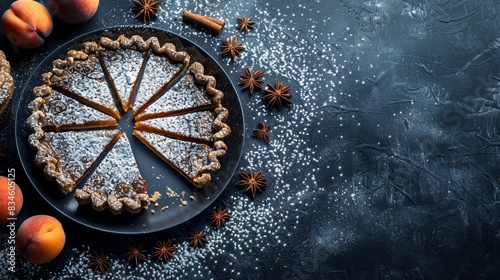 Wallpaper Mural  A pie, atop a black plate, dusted with powdered sugar Peaches and a star anise adjacent, on another black plate, garnished with cinnamon sticks Torontodigital.ca
