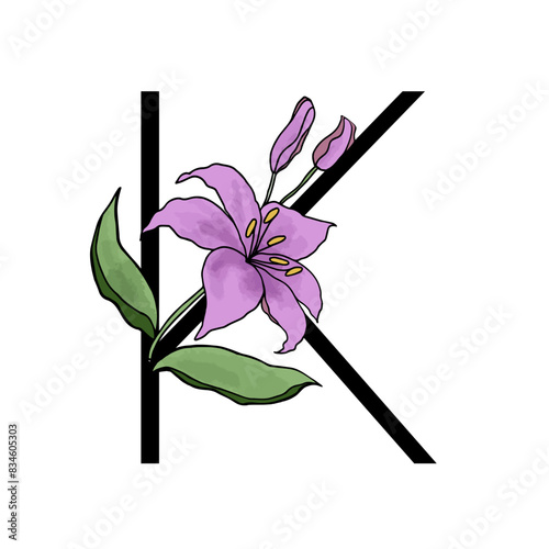 Lilly blossom purple flower alphabet for design of card or invitation. Vector floral letter illustrations, isolated on white background for wedding