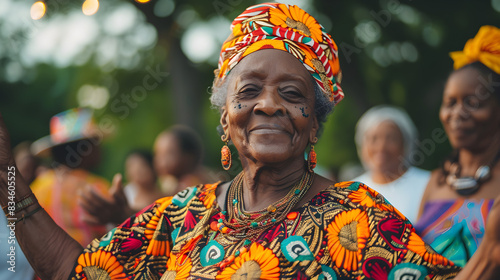 African American granny leading Juneteenth celebration with music, dancing, and cultural pride in a festive outdoor setting.