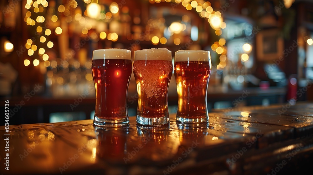 Tranquil Evenings in a Cozy Pub - Close-up of Three Beer Glasses with Foam on Bar Counter Amidst Warm Glow and Blurred Lights Tranquil Evenings in a Cozy Pub - Close-up of Three Beer Glasses with Foam on Bar Counter Amidst Warm Glow and Blurred Lights
