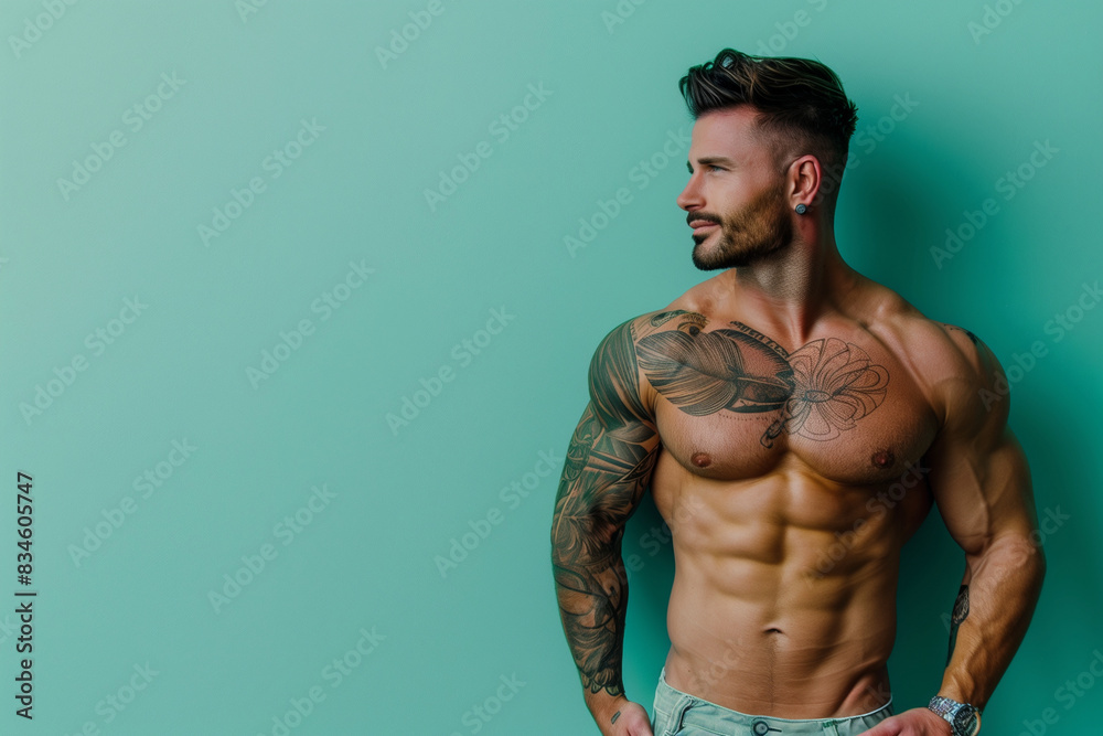 Fototapeta premium A muscular man stands in front of a blue wall. He is posing for a picture, and his chest is showing