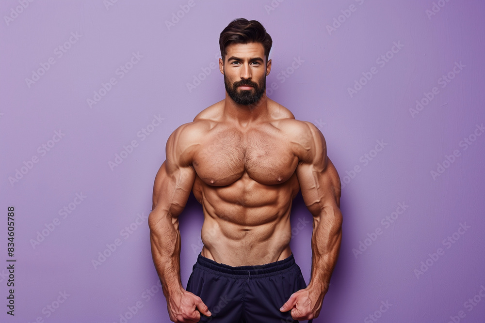 A muscular man stands in front of a purple wall. He is posing for a photo, and his body is well-defined. Concept of confidence and strength, as the man's physique is on full display A muscular man stands in front of a purple wall. He is posing for a photo, and his body is well-defined. Concept of confidence and strength, as the man's physique is on full display