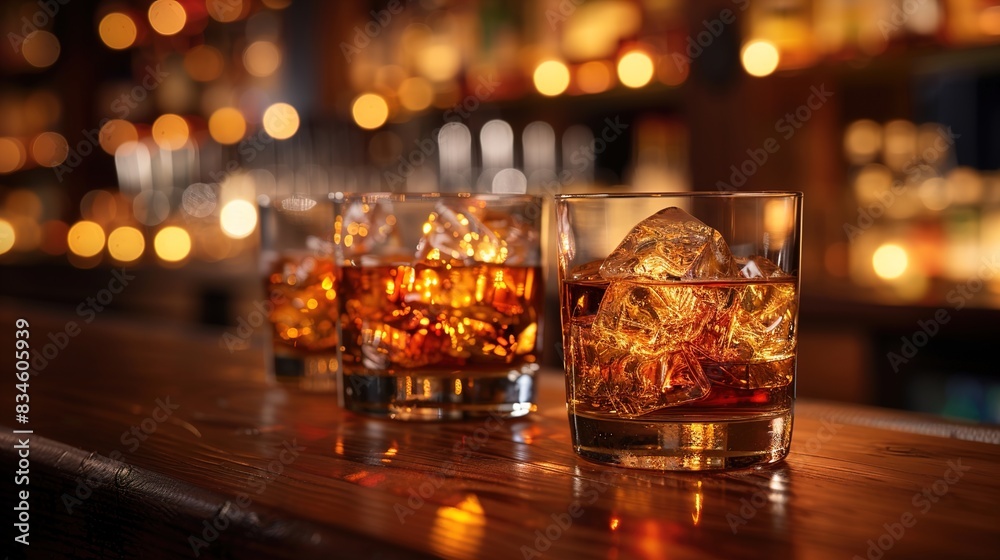 Cozy Pub Scene with Three Glasses of Bourbon Whiskey on Wooden Bar Counter with Bokeh Lights in Background Cozy Pub Scene with Three Glasses of Bourbon Whiskey on Wooden Bar Counter with Bokeh Lights in Background