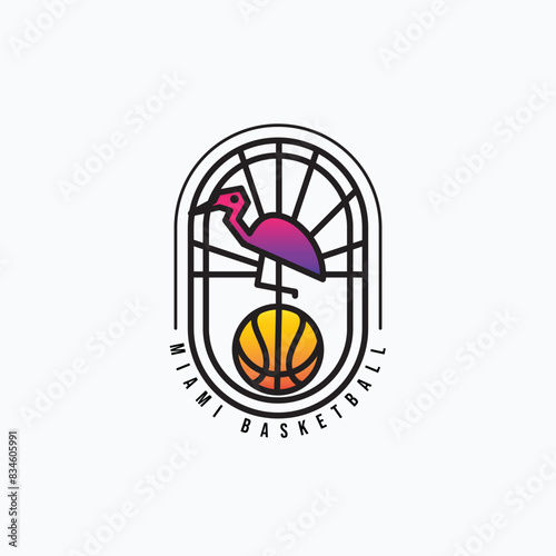 Simple line art miami basketball team logo illustration design. Basket ball team logo concept with flamingo and ball