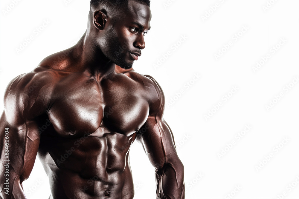 A man with a muscular body is standing in front of a white background. Concept of strength and confidence, as the man's well-defined muscles are the main focus A man with a muscular body is standing in front of a white background. Concept of strength and confidence, as the man's well-defined muscles are the main focus