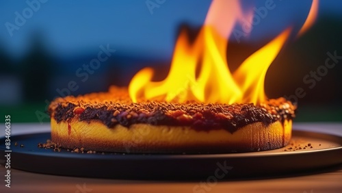 A pizza set aflame with fiery flames surrounding it, emphasizing the hot and spicy nature of the dish