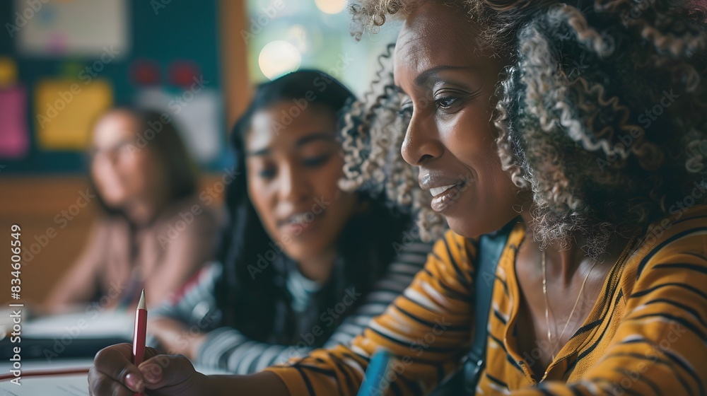 portrait of mature woman studying with help of curly haired American American woman portrait of mature woman studying with help of curly haired American American woman