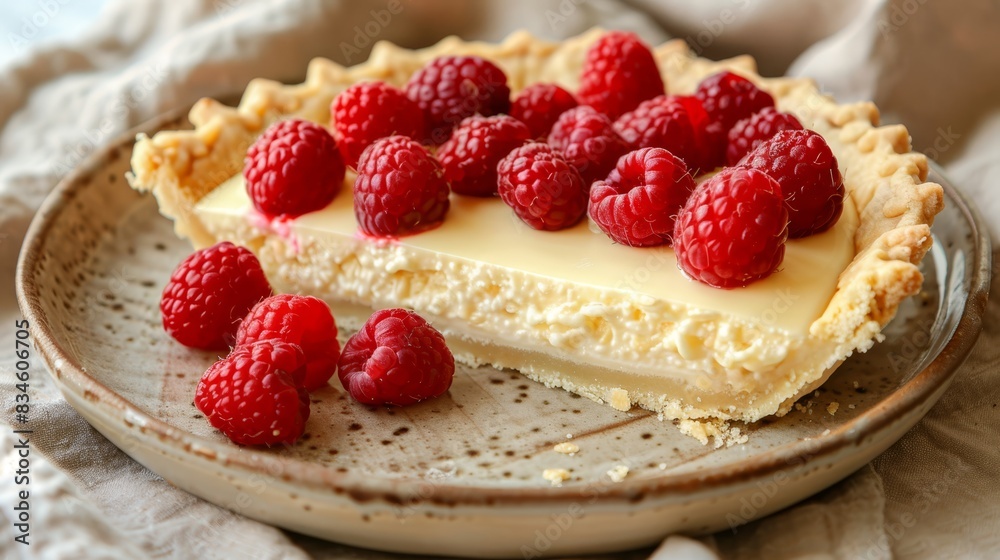 A slice of cheesecake topped with raspberries on a white tablecloth, accompanied by a serving utensil and a lace overlay A slice of cheesecake topped with raspberries on a white tablecloth, accompanied by a serving utensil and a lace overlay