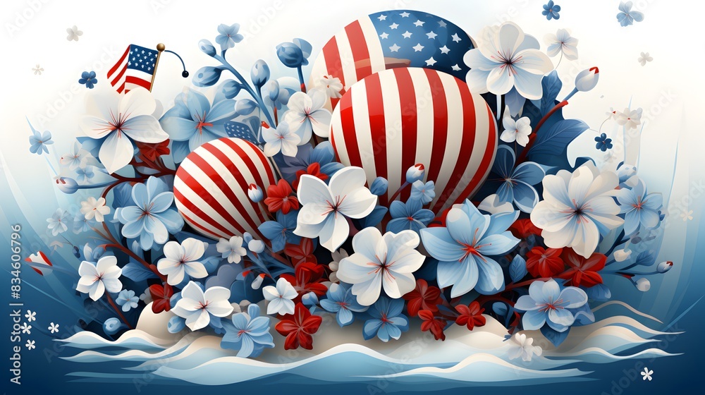Fototapeta premium Going to the beach on Independence Day, freedom and liberty, stars and stripes decorations illustration