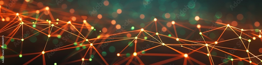 Futuristic technology background featuring orange and green dot connections forming an intricate plexus network Futuristic technology background featuring orange and green dot connections forming an intricate plexus network