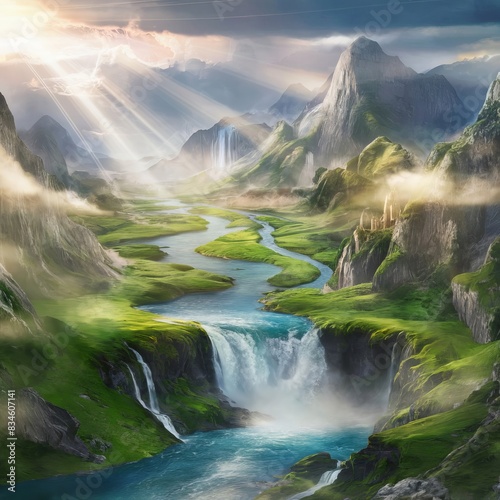 nature landscape with waterfall and green mountain  landscape with mountains and lake  waterfall in the mountains