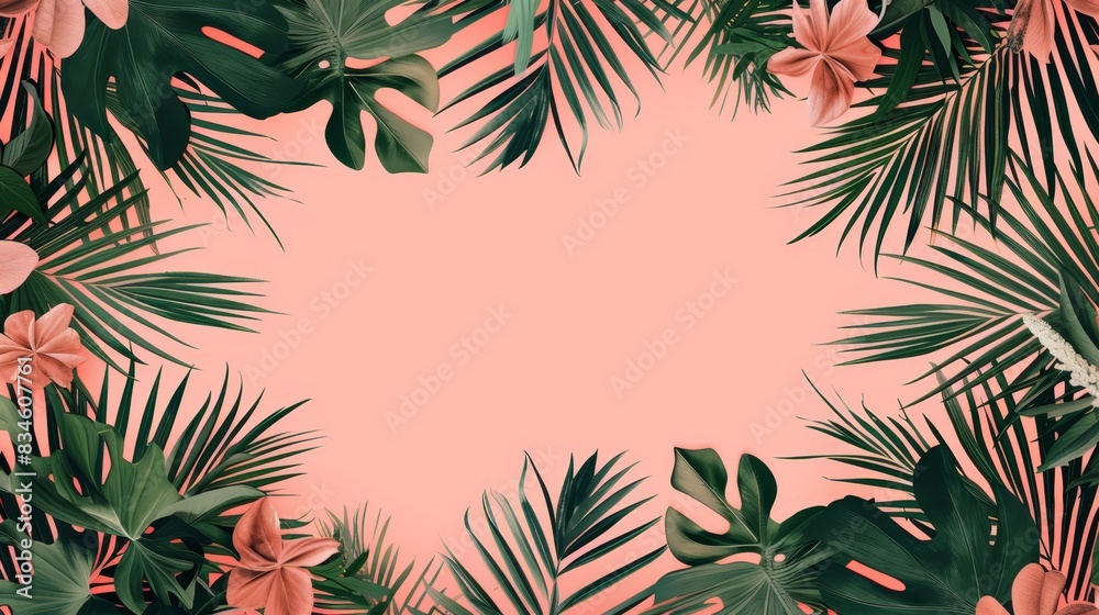 Naklejka premium A frame featuring tropical leaves and flowers against a pink backdrop, with text space in its center, is a pink-hued rectangular design