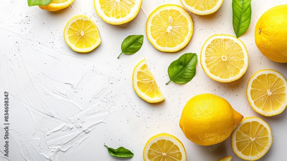 A collection of lemons on a white surface, some with green leaves attached Water droplets pepper the surface Half-cut and whole lemons rest atop A collection of lemons on a white surface, some with green leaves attached Water droplets pepper the surface Half-cut and whole lemons rest atop
