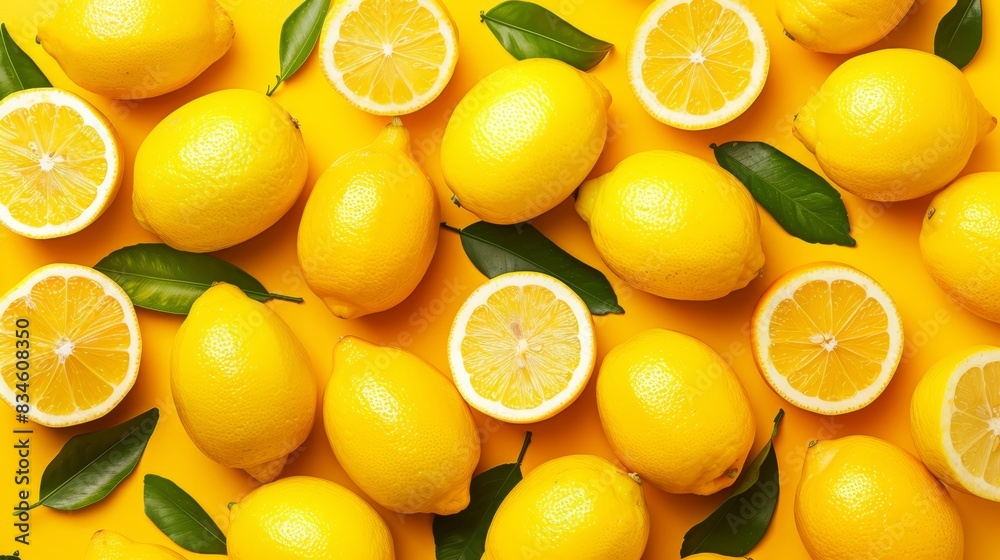 A collection of six yellow lemons against a yellow backdrop One lemon is halved, while the remaining five have intact green leaves atop them A collection of six yellow lemons against a yellow backdrop One lemon is halved, while the remaining five have intact green leaves atop them