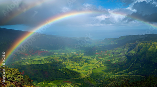 A breathtaking view of a rainbow arcing over a vibrant, green valley after a storm.
