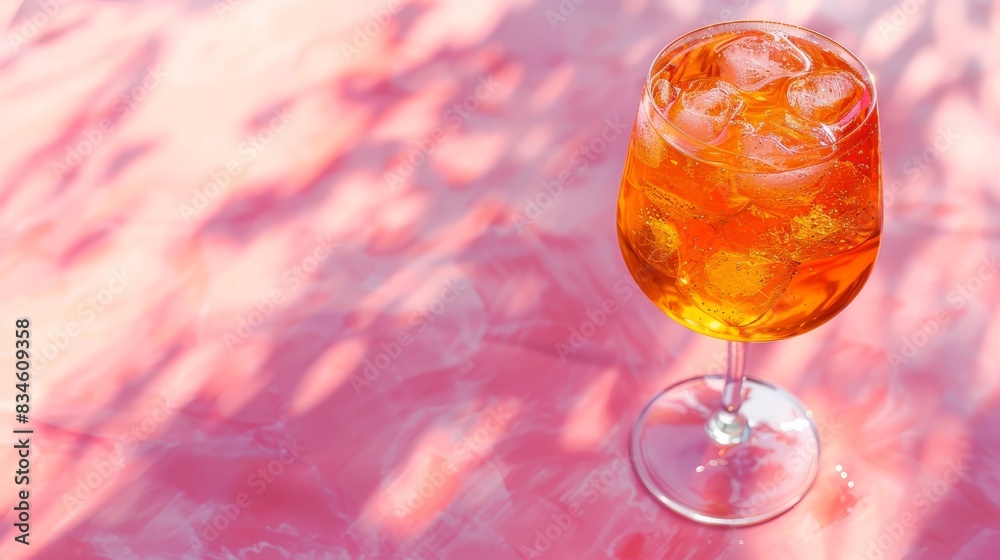 A tight shot of a drink in a wine glass on a table, featuring a tree shadow cast on its side Pink and white background A tight shot of a drink in a wine glass on a table, featuring a tree shadow cast on its side Pink and white background