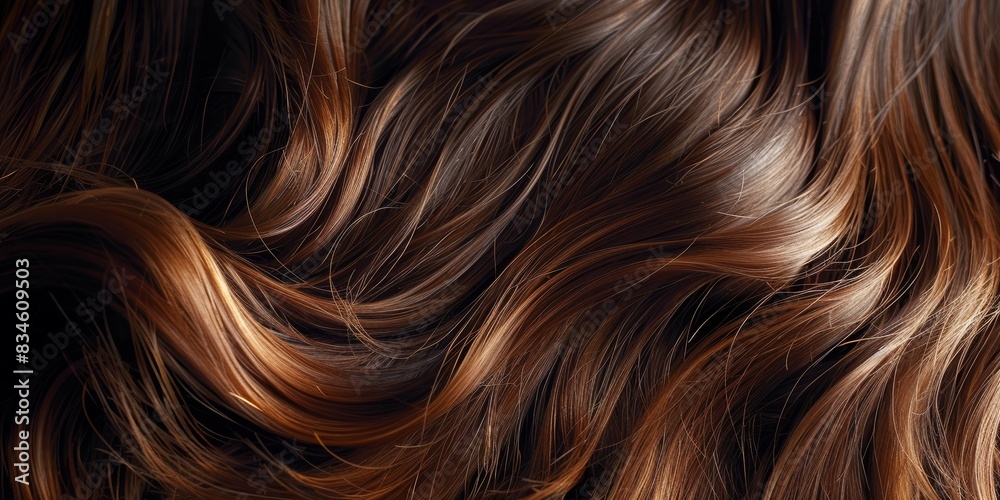 A closeup of flowing brown hair, each strand catching the light with a natural shine A closeup of flowing brown hair, each strand catching the light with a natural shine