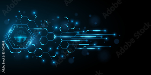 Futuristic user Interface with digital scanning fingerprint. Sci Fi HUD dashboard of hexagons and glowing circuit board. GUI and UI design. Vector illustration.