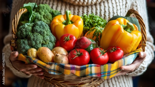  A person holds a basket brimming with various fruits and vegetables atop a checkered tablecloth