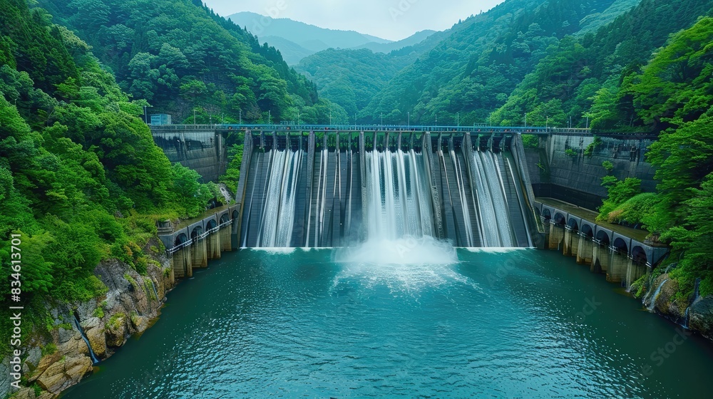 A waterfall is flowing into a river, surrounded by lush green trees A waterfall is flowing into a river, surrounded by lush green trees