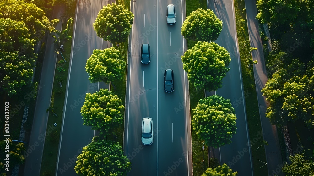 Fototapeta premium Aerial View of Cars Driving Down a Winding Road Through Lush Green Landscape