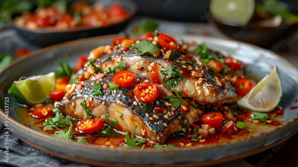 Appetizing Thai Mackerel Chili Paste Dish Served on a Plate with Fresh Garnishes Appetizing Thai Mackerel Chili Paste Dish Served on a Plate with Fresh Garnishes