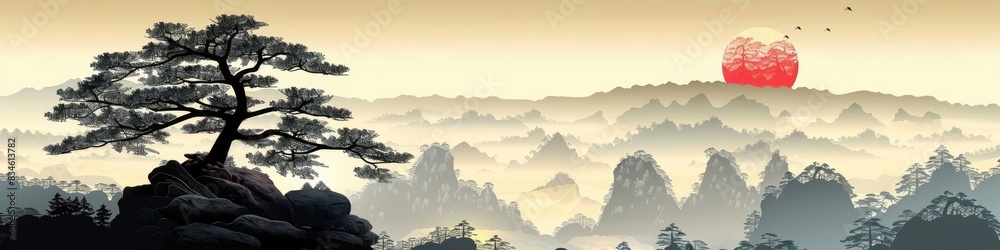 A tree is in the foreground of a forest with a red sun in the background A tree is in the foreground of a forest with a red sun in the background