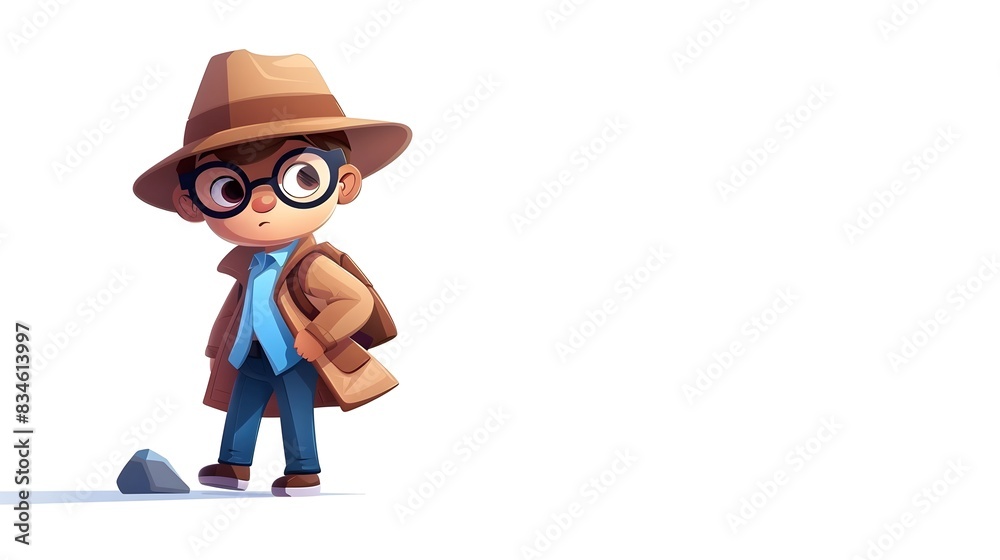 Cartoon Little Detective Inspecting Clues on the Floor with Glasses