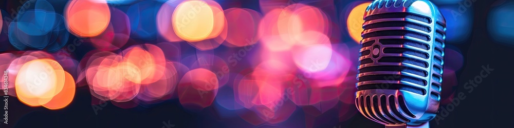 A microphone is on a background of blurry lights A microphone is on a background of blurry lights
