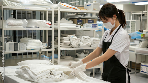 A woman in a black apron is folding white towels in a hospital laundry room