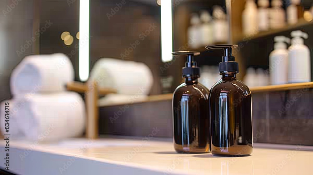 Two sleek, dark glass bottles of shampoo and conditioner sit on a clean, white bathroom countertop. Generative AI Two sleek, dark glass bottles of shampoo and conditioner sit on a clean, white bathroom countertop. Generative AI
