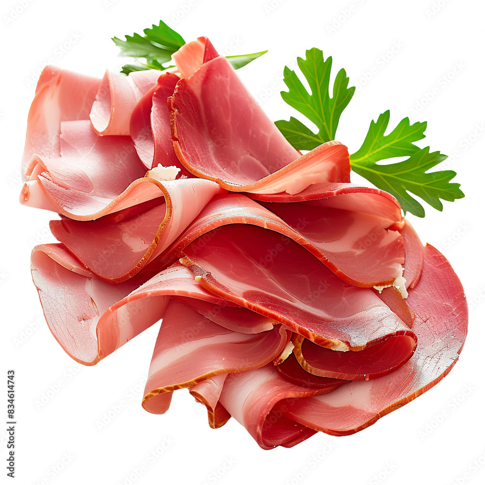 Sliced cured ham with parsley on a white plate, high angle close-up view

