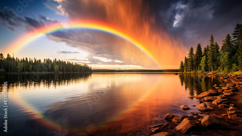 Beautiful photo of a lake with a surrounding forest and a colorful rainbow arching across a bright blue sky. The serene landscape captures the vibrant natural elements in harmony © Silard