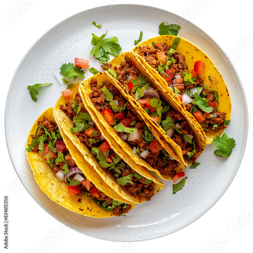 Three ground beef tacos with fresh vegetables in yellow corn shells on a white plate, top view

