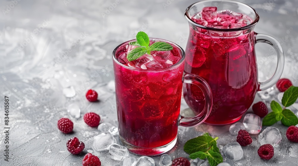 A pitcher of raspberry iced tea, accompanied by another on gray background, filled with ice and garnished with raspberries and green leaves A pitcher of raspberry iced tea, accompanied by another on gray background, filled with ice and garnished with raspberries and green leaves