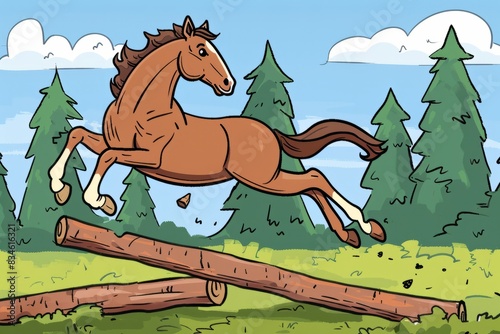 Cartoon cute doodles of a horse leaping over fallen logs on a trail ride  Generative AI