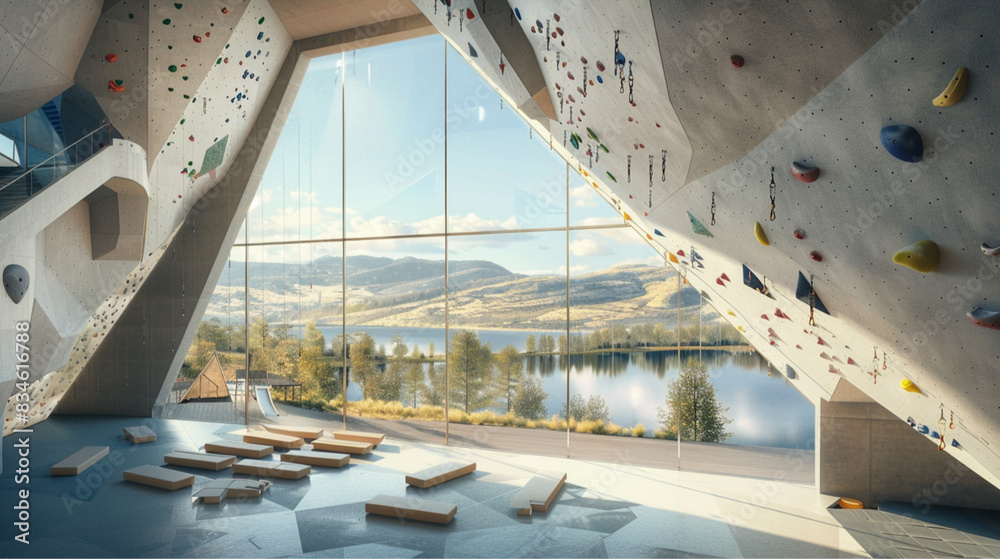 Fototapeta premium top view, a big modern climbing center gym, concret facade, hiking trails on the roof, large window, mountain style, lake, midday, summer, hills 