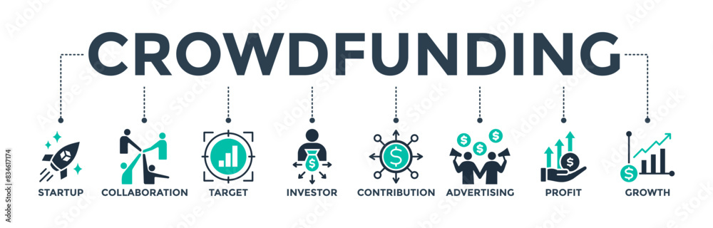 Crowdfunding web icon concept with icon of startup, collaboration, target, investor, contribution, advertising, profit, and growth. Vector illustration Crowdfunding web icon concept with icon of startup, collaboration, target, investor, contribution, advertising, profit, and growth. Vector illustration