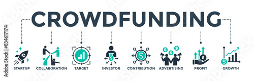 Crowdfunding web icon concept with icon of startup, collaboration, target, investor, contribution, advertising, profit, and growth. Vector illustration