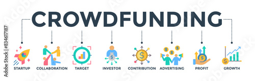 Crowdfunding web icon concept with icon of startup, collaboration, target, investor, contribution, advertising, profit, and growth. Vector illustration