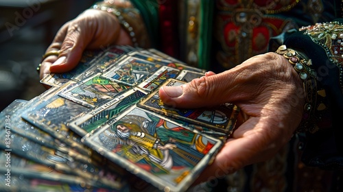 Graceful Hand Shuffling Tarot Cards with Ornate photo
