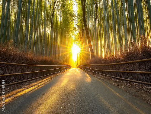 Tranquil bamboo path. Sunli...