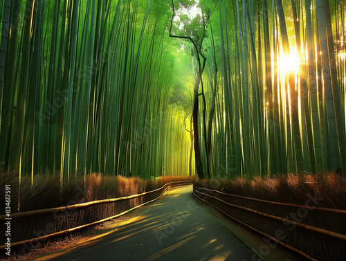 Tranquil bamboo path. Sunli...