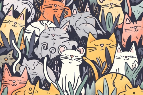 Cartoon cute doodles of a mouse tiptoeing through a field of sleeping cats  Generative AI