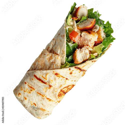 Grilled chicken wrap with fresh vegetables and creamy sauce, close-up view on white background

 photo