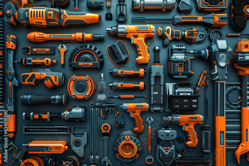 3d render Collection of Power tools in white color with space background in center