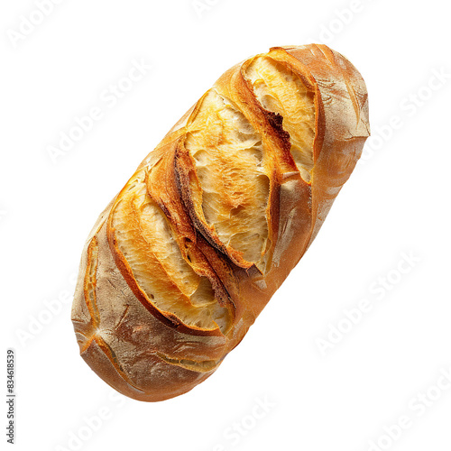 Freshly Baked Baguette with Golden Crust, Top View, Isolated on White Background

 photo